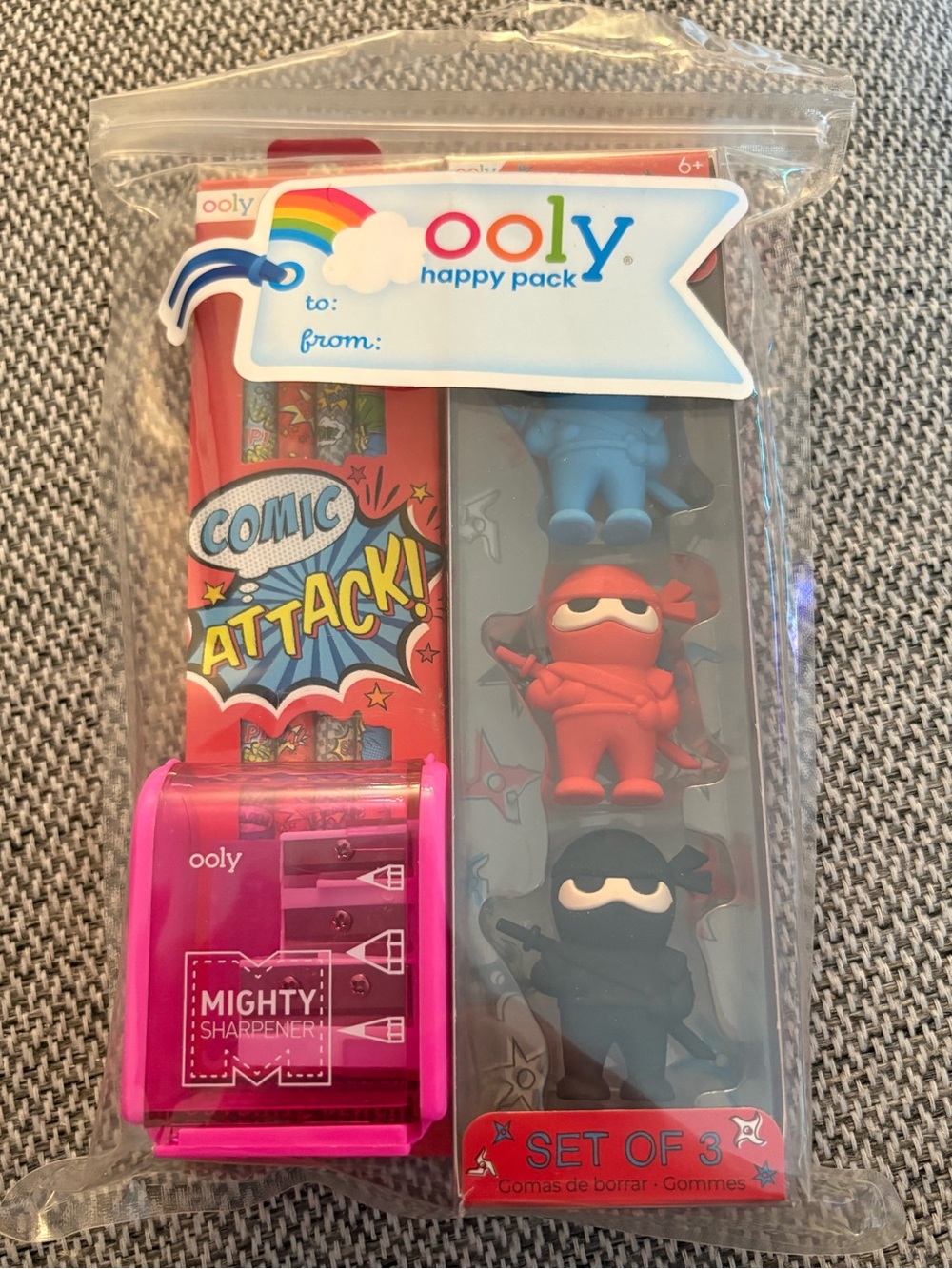 ✏️NWT Kids Happy Pack - Pink Comic Attack Pencil Sharpener & Ninja Eraser Set